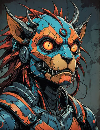 (close up, head and shoulders portrait:1.5), red, orange, blue gradient ,(anthropomorphic cyclops manticore biomechanical robot :1.5), (angular shapes:1.7), samurai, wearing samurai armor, (strong outline sketch style:1.5), symmetrical features, gritty fantasy, (darkest dungeon art style :1.4), dark muted background, detailed, Dark Manga of,Dark Anime of,Comic Book-Style 2d