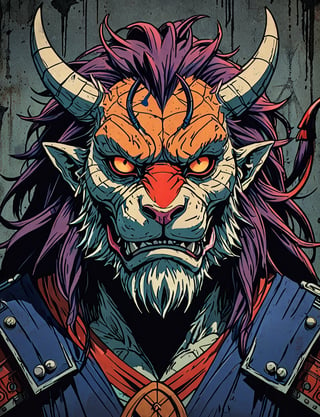 (close up, head and shoulders portrait:1.5), red, orange, blue, violet gradient ,(anthromorphic manticore :1.5), samurai, wearing samurai armor, (strong outline sketch style:1.5), symmetrical features, gritty fantasy, (darkest dungeon art style :1.4), dark muted background, detailed, one_piece_wano_style, Dark Manga of