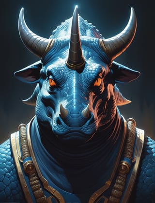 head and shoulders portrait, kung fu triceratops  , illuminated eyes,  symmetrical features, bioluminescent, High definition, 8k, oil painting, detailed masterpiece. Translucent image, professional sinister concept art, by artgerm and Greg Rutkowski, an intricate, elegant and highly detailed digital painting, concept art, soft and sharp focus, illustration, in the style of Simon Stalenhag, Wayne Barlowe and Igor Kieryluk.,arcane