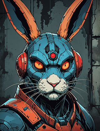 (close up, head and shoulders portrait:1.5), red, orange, blue gradient ,(anthropomorphic cyclops rabbit biomechanical robot :1.5), (angular shapes:1.7), samurai, wearing samurai armor, (strong outline sketch style:1.5), symmetrical features, gritty fantasy, (darkest dungeon art style :1.4), dark muted background, detailed, Dark Manga of,Dark Anime of