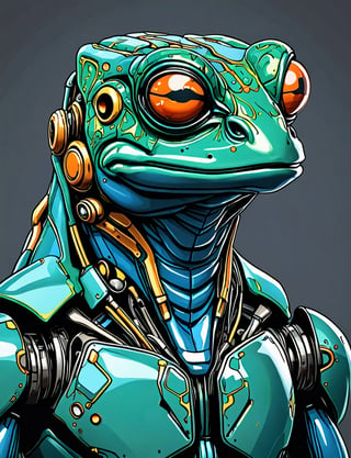 (close up, head and shoulders portrait:1.5), An extremely detailed (1970s retro-future:1.2) anthropomorphic poison dart frog dragon robot, centered, (strong outline sketch style:1.3), dark background, muted colors, detailed, comic book