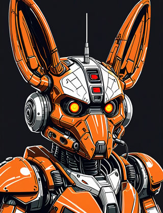 (close up, head and shoulders portrait:1.5), An extremely detailed (1970s retro-future:1.2) anthropomorphic wolpertinger robot, centered, (strong outline sketch style:1.5), dark background, red, orange, black and white tones, muted colors, detailed, comic book