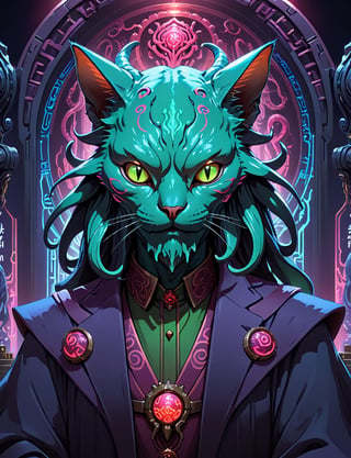 head and shoulders portrait, flat 2d illustration style, 1male:3, anthropomorphic sci-fi (cat:2) (Cthulhu:1.5) , Churnstyle, cyberpunk, tarot card, 4K UHD, studio ghibli style, high-tech, , nocturne, breakdomain, portraitart, portrait art style, neon hieroglyphs 