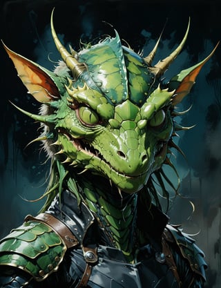 art by simon bisley, art by ralph steadman, art by vallejo, a masterpiece, stunning detail, (head and shoulders portrait:1.3), (anthropomorphic (dragon1.4)  (mantis :1.5) :1.3), supreme wearing black leather armor, creature fur scales , dark background 