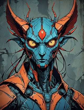 (close up, head and shoulders portrait:1.5), red, orange, blue gradient ,(anthropomorphic mantis manticore biomechanical robot :1.5), (angular shapes:1.7), samurai, wearing samurai armor, (strong outline sketch style:1.5), symmetrical features, gritty fantasy, (darkest dungeon art style :1.4), dark muted background, detailed, Dark Manga of,Dark Anime of