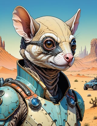 head and shoulders Portrait, sci-fi anthropomorphic sugar glider superhero , wearing power armor, background Desert,
highly detailed, art by Jean Giraud ((Moebius style)), line ink illustration,highly detailed,  ink sketch,ink Draw,Comic Book-Style 2d,2d, pastel colors