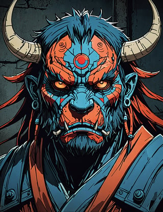 (close up, head and shoulders portrait:1.5), red, orange, blue gradient ,(anthropomorphic oni bison robot :1.5), (angular shapes:1.7), samurai, wearing samurai armor, (strong outline sketch style:1.5), symmetrical features, gritty fantasy, (darkest dungeon art style :1.4), dark muted background, detailed, one_piece_wano_style, Dark Manga of,anime screencap,Dark Anime of