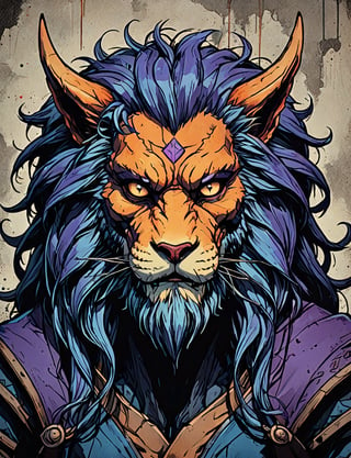 (close up, head and shoulders portrait:1.5), violet, orange, blue gradient ,(anthropomorphic manticore with long beard :1.5), (angular shapes:1.7), samurai, wearing samurai armor, (strong outline sketch style:1.5), symmetrical features, gritty fantasy, (darkest dungeon art style :1.4), dark muted background, detailed, Dark Manga of,Dark Anime of,comic book