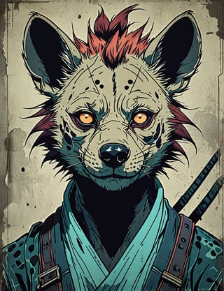 (close up, head and shoulders portrait:1.5), red, orange, green, teal, aqua, blue, violet gradient ,(anthromorphic hyena :1.5), samurai, wearing samurai armor, (strong outline sketch style:1.5), symmetrical features, gritty fantasy, (darkest dungeon art style :1.4), dark muted background, detailed, one_piece_wano_style, Dark Manga of,anime screencap,Dark Anime of