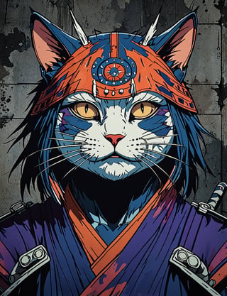 (close up, head and shoulders portrait:1.5), red, orange, blue, violet gradient ,(anthromorphic cat:1.5), samurai, wearing samurai armor, (strong outline sketch style:1.5), symmetrical features, gritty fantasy, (darkest dungeon art style :1.4), dark muted background, detailed, one_piece_wano_style, Dark Manga of,anime screencap,Dark Anime of