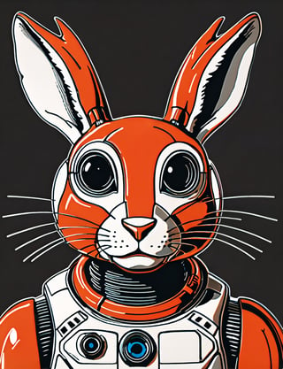 (close up, head and shoulders portrait:1.5), An extremely detailed (1970s retro-future:1.2) anthropomorphic rabbit robot, centered, (strong outline sketch style:1.5), dark background, red, orange, black and white tones, muted colors, detailed, comic book,dcas_lora