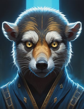 head and shoulders portrait, kung fu coatimundi  , illuminated eyes,  symmetrical features, bioluminescent, High definition, 8k, oil painting, detailed masterpiece. Translucent image, professional sinister concept art, by artgerm and Greg Rutkowski, an intricate, elegant and highly detailed digital painting, concept art, soft and sharp focus, illustration, in the style of Simon Stalenhag, Wayne Barlowe and Igor Kieryluk.,arcane