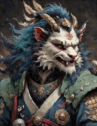 (close up, head and shoulders portrait:1.3), anthromorphic ( manticore :1.4) neck and chest fur, samurai helmet, oni_horns, samurai , black samurai armor, green, blue , white and black color scheme , (dark background:1.2), Disney pixar style,Ukiyo-e,ink,colorful,shogun