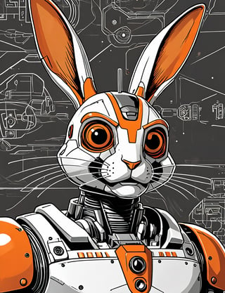 (close up, head and shoulders portrait:1.5), An extremely detailed (1970s retro-future:1.2) anthropomorphic rabbit robot, centered, (strong outline sketch style:1.5), dark background, red, orange, black and white tones, muted colors, detailed, comic book,dcas_lora