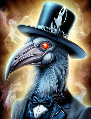 (head and shoulders portrait:1.2), (anthropomorphic shoebill :1.3) as vampire , zorro mask, bowler hat , holographic glowing eyes, wearing 19th century circus outfit , (outline sketch style:1.5), surreal fantasy, close-up view, chiaroscuro lighting, no frame, hard light, in the style of esao andrews, DonM3lv3nM4g1cXL