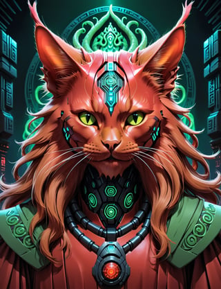 head and shoulders portrait, flat 2d illustration style, 1male:3, anthropomorphic sci-fi (red Maine coon cat:2) (robot Cthulhu:1.8) , cyberpunk, tarot card, 4K UHD, studio ghibli style, high-tech, , nocturne, breakdomain, portraitart, portrait art style, neon hieroglyphs 