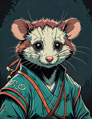 (close up, head and shoulders portrait:1.5), red, orange, green, teal, aqua, blue, violet gradient ,(anthromorphic opossum :1.5), samurai, wearing samurai armor, (strong outline sketch style:1.5), symmetrical features, gritty fantasy, (darkest dungeon art style :1.4), dark muted background, detailed, one_piece_wano_style, Dark Manga of,anime screencap,Dark Anime of