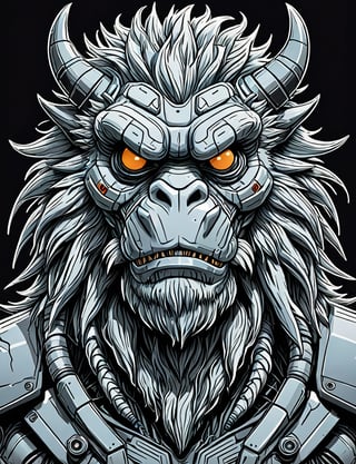 (close up, head and shoulders portrait:1.5), An extremely detailed (1970s retro-future:1.2) anthropomorphic yeti dragon robot, centered, (strong outline sketch style:1.3), dark background, muted colors, detailed, comic book