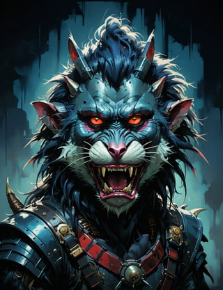 art by simon bisley, art by ralph steadman, art by vallejo, a masterpiece, stunning detail, (head and shoulders portrait:1.3), (anthropomorphic (wolf:1.3)  (mandrill :1.7) oni :1.3), oni_horns, samurai helmet, neuromancer, cyberpunk, holographic glowing, glowing eyes, wearing black leather armor, creature fur scales , dark background 