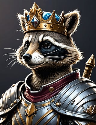 (close up, head and shoulders portrait:1.5), anthropomorphic raccoon knight, wearing gleaming armor, wearing crown, centered, (strong outline sketch style:1.3), dark background, muted colors, detailed, comic book