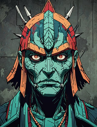 (close up, head and shoulders portrait:1.5), red, orange, green, teal, aqua, blue, violet gradient ,(robot :1.5), (pyramid shaped head:1.7), samurai, wearing samurai armor, (strong outline sketch style:1.5), symmetrical features, gritty fantasy, (darkest dungeon art style :1.4), dark muted background, detailed, one_piece_wano_style, Dark Manga of,anime screencap,Dark Anime of