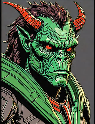 (close up, head and shoulders portrait:1.5), An extremely detailed 1970s retro-future anthropomorphic (martian man hunter :1.2) (manticore :1.4) robot, centered, (strong outline sketch style:1.5), (flat silkscreen art style:1.9), (solid dark background:1.2), (retro color scheme), masterpiece, epic, by pascal blanche rutkowski repin artstation painting concept art of detailed character design matte painting, 4 k resolution blade runner, dark muted background, detailed, comic book,dcas_lora