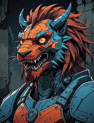 (close up, head and shoulders portrait:1.5), red, orange, blue gradient ,(anthropomorphic manticore biomechanical robot :1.5), (angular shapes:1.7), samurai, wearing samurai armor, (strong outline sketch style:1.5), symmetrical features, gritty fantasy, (darkest dungeon art style :1.4), dark muted background, detailed, one_piece_wano_style, Dark Manga of,anime screencap