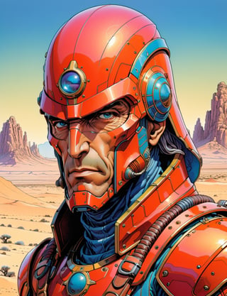 Jean Giraud ((Moebius style)), head and shoulders Portrait, sci-fi manticore warrior , wearing power armor, background Desert,
highly detailed, line ink illustration,highly detailed,  ink sketch,ink Draw,Comic Book-Style 2d,2d, pastel colors