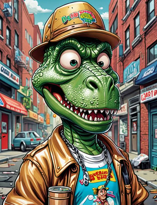 (close up, head and shoulders portrait:1.5), An extremely detailed 1980s (cartoon caricature:1.5), (oversized head caricature:1.3), anthropomorphic dinosaur, wearing drug dealer outfit , city setting , dystopian, in the style of garbage pail kids