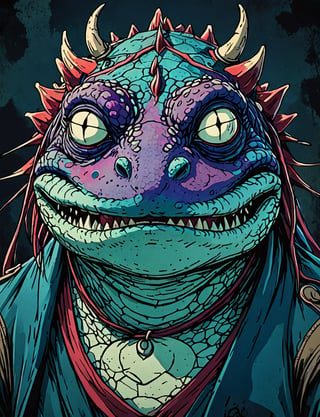 (close up, head and shoulders portrait:1.5), red, teal, blue, violet gradient ,(anthromorphic dragon toad :1.5), samurai, wearing samurai armor, (strong outline sketch style:1.5), symmetrical features, gritty fantasy, (darkest dungeon art style :1.4), dark muted background, detailed,one_piece_wano_style,Dark Manga of