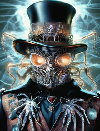 (head and shoulders portrait:1.2), (anthropomorphic tarantula;1.3) as vampire , zorro mask, top hat , holographic glowing eyes, wearing steampunk armor outfit , (outline sketch style:1.5), surreal fantasy, close-up view, chiaroscuro lighting, no frame, hard light, in the style of esao andrews,esao andrews style,DonM3lv3nM4g1cXL