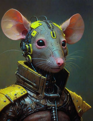 (head and shoulders portrait:1.2), (anthropomorphic rat :1.4) cyberpunk , wearing neon armor , surreal fantasy, close-up view, chiaroscuro lighting, no frame, hard light, art by Zdzisław Beksiński,digital artwork by Beksinski