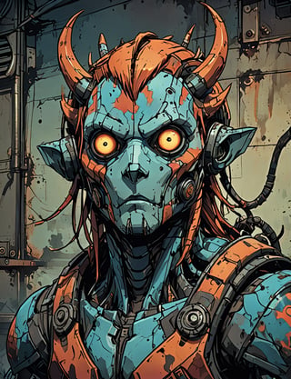 (close up, head and shoulders portrait:1.5), red, orange, blue gradient ,(anthropomorphic cyclops manticore biomechanical robot :1.5), (angular shapes:1.7), samurai, wearing samurai armor, (strong outline sketch style:1.5), symmetrical features, gritty fantasy, (darkest dungeon art style :1.4), dark muted background, detailed, Dark Manga of,Dark Anime of,Comic Book-Style 2d