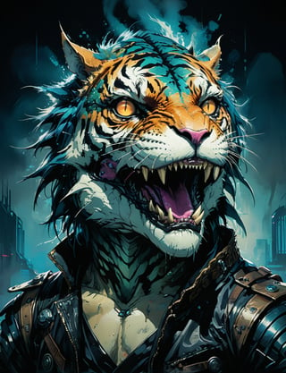 art by simon bisley, art by ralph steadman, art by vallejo, a masterpiece, stunning detail, (head and shoulders portrait:1.3), (anthropomorphic (tiger:1.5)  (t-Rex :1.7) :1.3), neuromancer, cyberpunk, holographic glowing, glowing eyes, wearing black leather armor, creature fur scales , dark background 