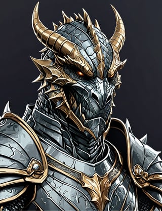 (close up, head and shoulders portrait:1.5), anthropomorphic dragon knight, wearing gleaming armor, wearing crown, centered, (strong outline sketch style:1.3), dark background, muted colors, detailed, comic book