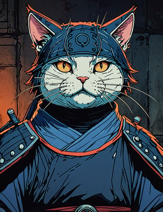 (close up, head and shoulders portrait:1.5), red, orange, blue, violet gradient ,(anthromorphic cat:1.5), samurai, wearing samurai armor, (strong outline sketch style:1.5), symmetrical features, gritty fantasy, (darkest dungeon art style :1.4), dark muted background, detailed, one_piece_wano_style, Dark Manga of,anime screencap,Dark Anime of