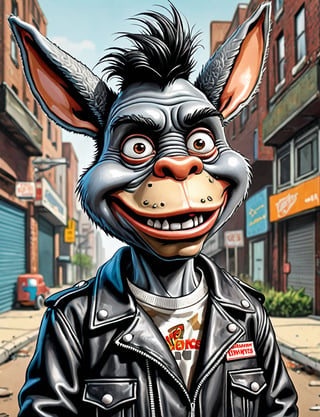 (close up, head and shoulders portrait:1.5), An extremely detailed 1980s (cartoon caricature:1.5), (oversized head caricature:1.3), anthropomorphic donkey , black leather jacket , grunge , dystopian, in the style of garbage pail kids