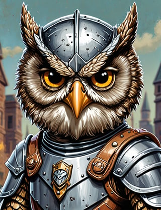 (close up, head and shoulders portrait:1.5), An extremely detailed 1980s (cartoon caricature:1.5), (oversized head caricature:1.3), anthropomorphic owl , wearing knight armor , grunge , dystopian, in the style of garbage pail kids