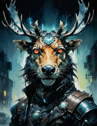 art by simon bisley, art by ralph steadman, art by vallejo, a masterpiece, stunning detail, (head and shoulders portrait:1.3), (anthropomorphic (tiger:1.1)  (moose  :1.7) :1.3), neuromancer, cyberpunk, holographic glowing, glowing eyes, wearing black leather armor, creature fur scales , dark background 