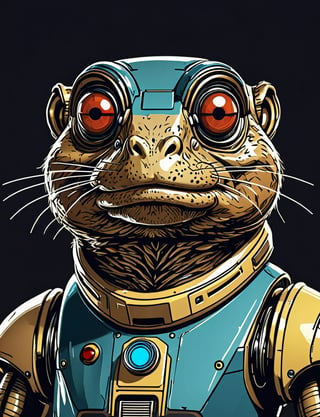 (close up, head and shoulders portrait:1.5), An extremely detailed (1970s retro-future:1.2) anthropomorphic marmot toad robot, centered, (strong outline sketch style:1.3), dark background, muted colors, detailed, comic book