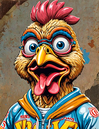 (close up, head and shoulders portrait:1.5), An extremely detailed 1980s (cartoon caricature:1.5), (oversized head caricature:1.3), anthropomorphic chicken , wearing sports suit , grunge , dystopian, in the style of garbage pail kids