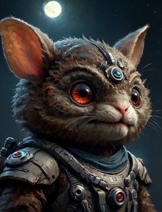 (close up, head and shoulders portrait:1.3), anthromorphic, High tech cybernetic (tarsier :1.2) (rabbit :1.7), multi Eyes,Glowing mechanical eyes, high-tech cybernetic body, futuristic power armor, bounty hunter , moonster