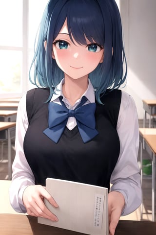 akane-kurokawa, 1girl, solo, masterpiece, ((ultra-detailed)),  high_res, dark blue hair, blue highlights, green_blue eyes, smile, blush, closed mouth, white shirt, long sleeves shirt, black vest sweater, blue bowtie, grey skirt, classroom, bluesky, looking at the viewer 