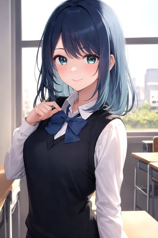 akane-kurokawa, 1girl, solo, masterpiece, ((ultra-detailed)),  high_res, dark blue hair, blue highlights, green_blue eyes, smile, blush, closed mouth, white shirt, long sleeves shirt, black vest sweater, blue bowtie, grey skirt, classroom, bluesky, looking at the viewer 