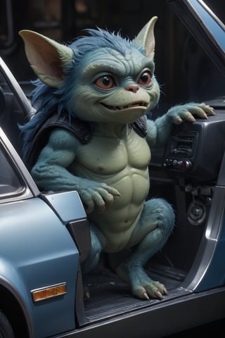 hyper-detailed, photorealistic, ultra photoreal, cinematic shading, A Gremlin sits inside a Delorean (shown from the side) with open doors., blue tinted, more detail XL,HellAI,