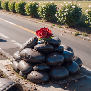 a rose on a pile of poop on the ground, high_resolution,detail poop,rural pathway,good backround