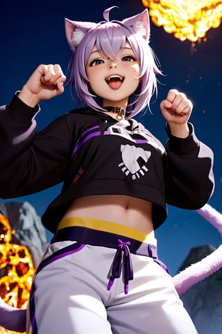 core_9, score_8_up, score_7_up, score_6_up, score_5_up, score_4_up, 1girl, solo, (f1girl, okayu, ahoge, cat tail), okayu_base, black hoodie, onigiri print, midriff, white pants, animal collar, cat tail, ahoge, light from the ground, dark sky, lava, shoving tongue, paw pose, scary light from below