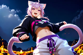 core_9, score_8_up, score_7_up, score_6_up, score_5_up, score_4_up, 1girl, solo, (f1girl, okayu, ahoge, cat tail), okayu_base, black hoodie, onigiri print, midriff, white pants, animal collar, cat tail, ahoge, light from the ground, dark sky, lava, shoving tongue, paw pose, scary light from below