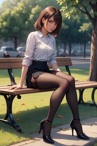 (masterpiece, best quality, ultra-detailed, 8K), af, 1girl, putting_on_shoes, adjusting footwear, shirt, short skirt, black pantyhose, high heels, sitting, bench, outdoors, ,putting_on_shoes