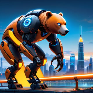 This is an image of a bear with a robotic or cybernetic arm. The bear is standing on a bridge with a city skyline in the background, suggesting a futuristic or science fiction setting. The bear's arm is intricately designed with glowing blue and orange lights, indicating advanced technology or machinery. The overall aesthetic is reminiscent of a scene from a science fiction movie or video game, where animals are enhanced with cybernetic parts.